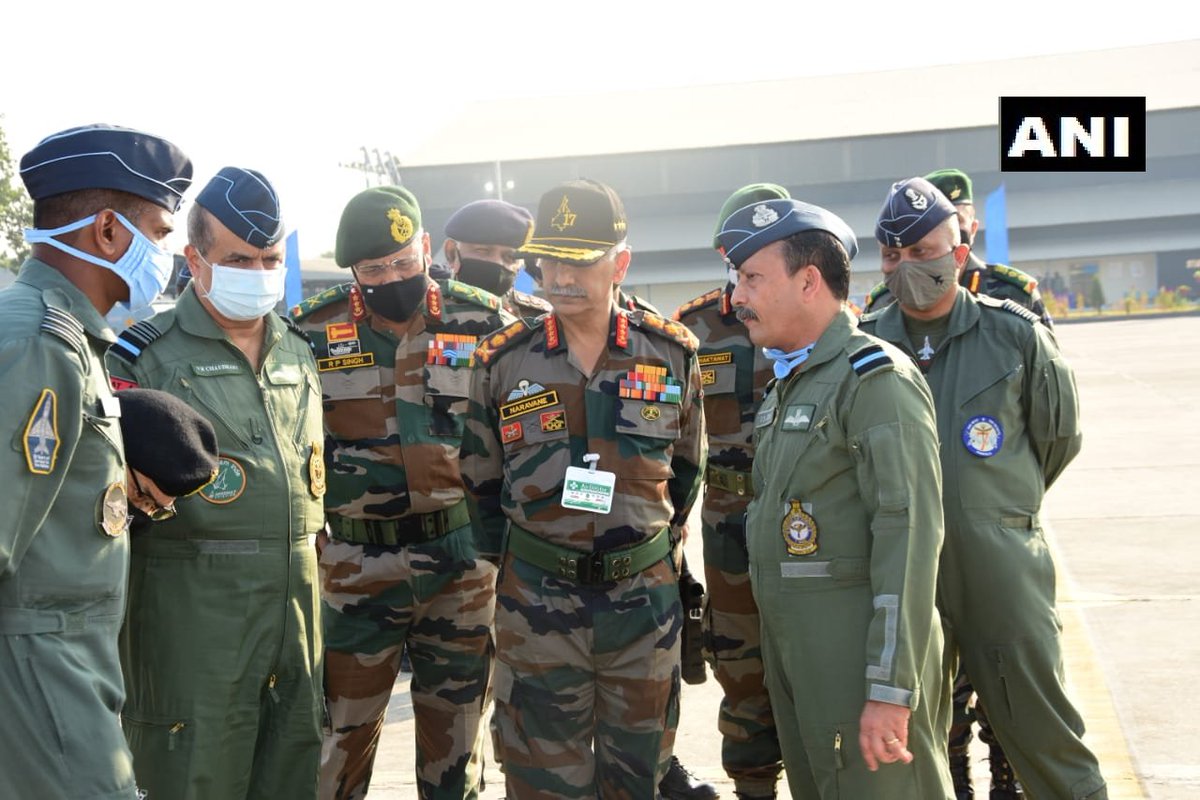 ANI's tweet photo. At the Ambala Air Base, Army Chief General Manoj Mukund Naravane was briefed on the Indian Air Force’s operational readiness by Western Air Command Chief Air Marshal VR Chaudhari. The Army and the Air Force have been working closely to enhance jointness in operations. https://t.co/BRdmAUCsnv