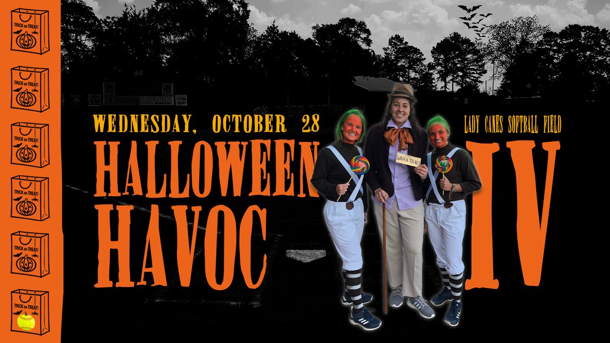 GSWAthletics's tweet photo. Kids of all ages are welcome to attend our 4th annual HALLOWEEN HAVOC at Lady Canes Field on Wednesday, Oct. 28!

6:30pm - ⚾️ &amp; 🥎 teams play a slow pitch softball game in Halloween costumes

7pm -  Trunk or Treat in the parking lot 🍭🍬🍫🛍️

8pm - @SaacGsw HR derby 💣

🎃🦇🌕🧛‍♂️ https://t.co/xCEfjYeSt2