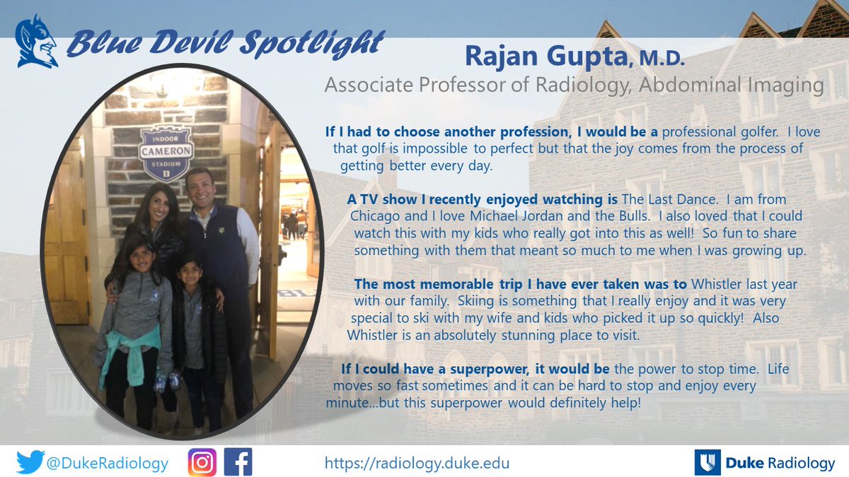 Duke Radiology (@dukeradiology) on Twitter photo Meet <a href="/RajanTGuptaMD/">Rajan T. Gupta MD</a>! Raj, who's Dad also went to Duke, has been a Duke fan and a Blue Devil since birth, visiting the campus and going to basketball games since he was very little!
#DukeBlueDevilSpotlight
#futureradres
#match2021
#MedTwitter
#radiology Meet <a href="/RajanTGuptaMD/">Rajan T. Gupta MD</a>! Raj, who's Dad also went to Duke, has been a Duke fan and a Blue Devil since birth, visiting the campus and going to basketball games since he was very little!
#DukeBlueDevilSpotlight
#futureradres
#match2021
#MedTwitter
#radiology
