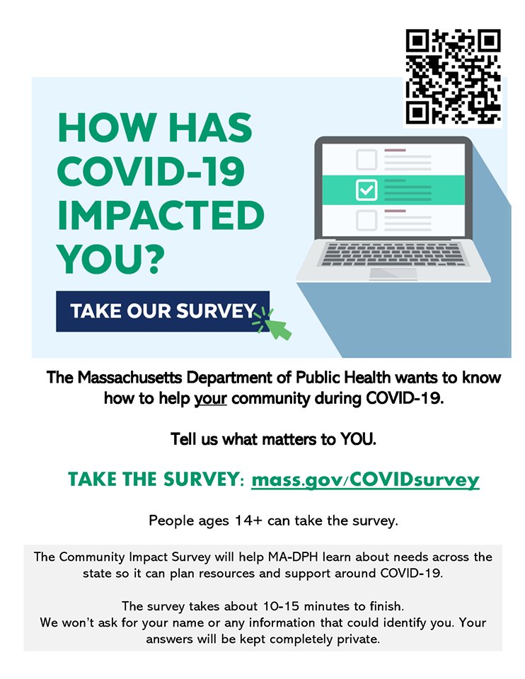 L.W. (@lisaswolff) on Twitter photo Survey extended through Oct. 30th! mass.gov/COVIDsurvey
MASSACHUSETTS - Make your voice heard! Take the COVID-19 Community Impact Survey to share what your experience has been like through the pandemic. <a href="/MassDPH/">Mass. Public Health</a> #COVID19 #healthequity Survey extended through Oct. 30th! mass.gov/COVIDsurvey
MASSACHUSETTS - Make your voice heard! Take the COVID-19 Community Impact Survey to share what your experience has been like through the pandemic. <a href="/MassDPH/">Mass. Public Health</a> #COVID19 #healthequity