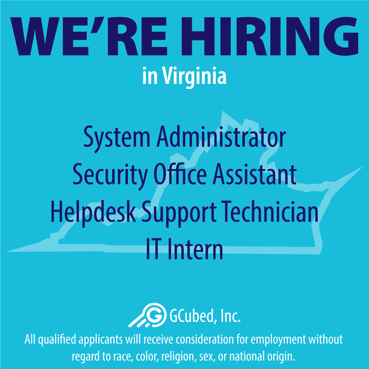 G_CubedINC's tweet photo. Happy Monday! Apply to join the GCubed team today at https://t.co/ypmwEUUaJy
#gcubed
#militarytransition
#smallbusiness
#hiring
#staffordva https://t.co/D18xH73b4a