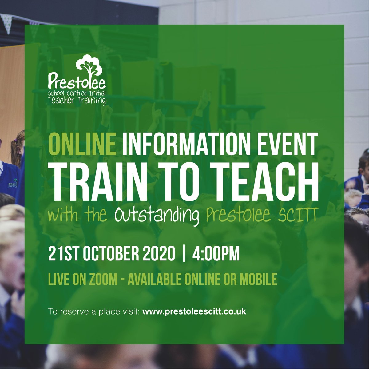 Join us on Wednesday for our weekly online information event. Find out about Prestolee SCITT and why school centred initial teacher training gives trainees the best start as they look to embark on a career in teaching.

To reserve a place please visit: prestoleescitt.co.uk/events