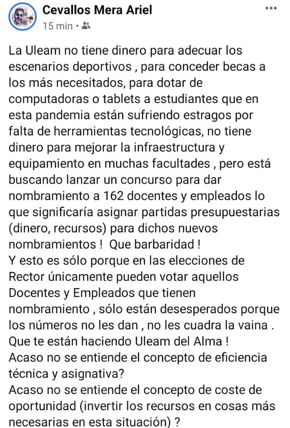 pedrosa93910545's tweet photo. #ATENCION @ces_ec @AXEA65 @esantos1957 el rector de la @UleamEcuador y candidato a la reelección, además de usar recursos de la universidad para su campaña ahora va a dar nombramientos a nuevos docentes en plena crisis económica https://t.co/2etuoz74Cg