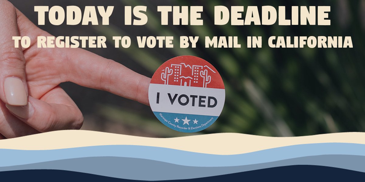 Run - don't walk - to the post office or your computer! TODAY (Oct. 19th) is the DEADLINE to register to vote by mail in California. You must either postmark your voter registration form or register online before midnight tonight. 

Register here: covr.sos.ca.gov