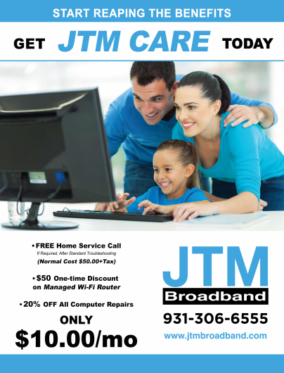JTMBroadband's tweet photo. Have you heard about our JTM Care program? For just $10 a month, you'll get 20% off in-shop computer and phone repair services, free home service calls, a one time $50 managed router credit, AND router protection. Call today to find out more! 931-306-6555 https://t.co/5SU9x3PxgR