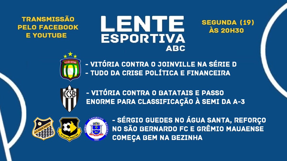 HOJE TEM LENTE ESPORTIVA!
Se liga nos destaques: bastidores fervem no S.Caetano, EC São Bernardo encaminha classificação à semi da A-3, Água Santa de novo técnico, São Bernardo FC terá zagueiro que retorna da Dinamarca, além do belo início do Mauaense na 2ª Divisão do Paulistão. https://t.co/Jh9J9kKTwK