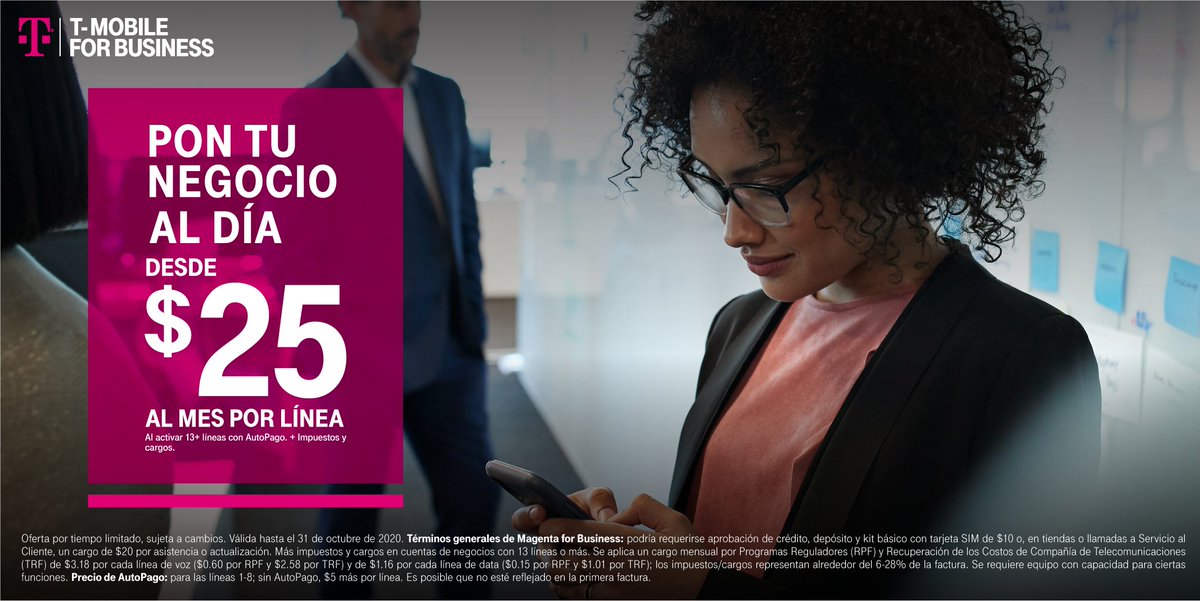 Conecta tu negocio con T-Mobile for Business.✨ Cámbiate a T-Mobile y llévate la línea desde $25 al mes, al activar +13 líneas con AutoPago. + Impuestos y cargos. #EresDeLosNuestros

✔️ Llama al 1-877-866-5690.