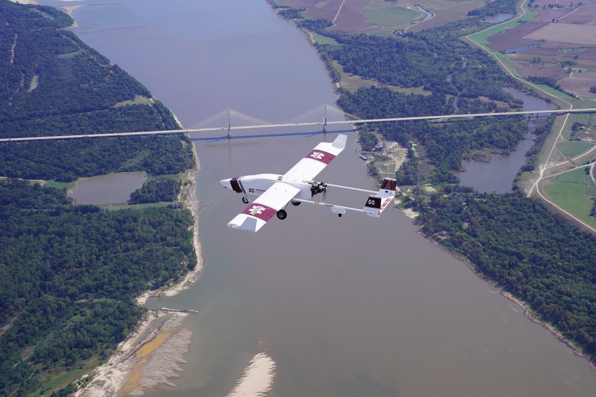 MSU’s TigerShark unmanned aircraft was flying over the Mississippi River last week to examine impacts from Hurricane Delta as part of an ongoing project with NOAA and the National Weather Services to use UAS to improve flood forecasting capabilities. #WeRingTrue