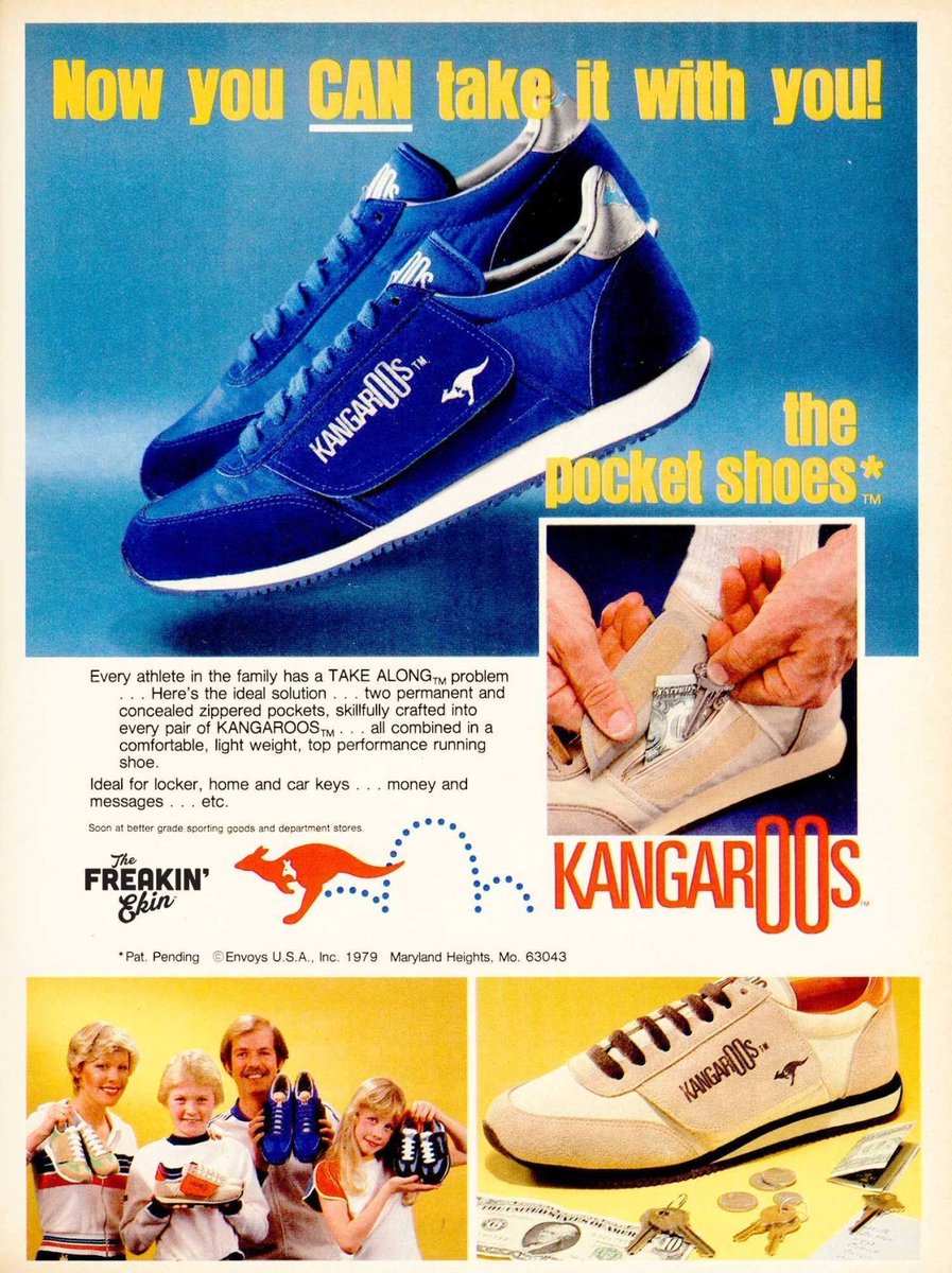 doctorow's tweet image. 1979 ad for ‘KangaROOS’! The Sports shoes with pockets! advertisingpics.tumblr.com/post/632421176…