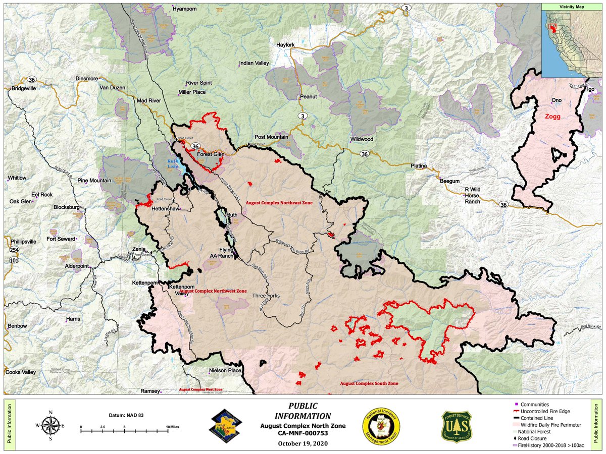 ShastaTrinityNF's tweet photo. #AugustComplex #NEZone #NWZone Update & map for Oct 19
The Mad River Hotshots will secure fireline in the S Fork Trinity River, N of Hwy 36. GB Team 2 is preparing to transition the NE Zone to GB Team 1, which is managing the NW Zone.
More info: https://t.co/g6JZLOkH2B https://t.co/e683QPI1Z1