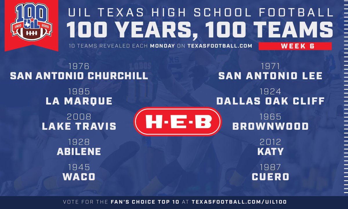#VOTE: The Next 10 members of the #UIL100 Years, 100 Teams list presented by <a href="/HEB/">H-E-B</a>

@WCRonHarris
<a href="/THE_LMHS/">THE LMHS</a>
<a href="/LTHSCavFootball/">Lake Travis Football</a>
@Abi_Eagles_FB
<a href="/TheWacoHighLion/">Waco High Football</a>
<a href="/LEEVolsFootball/">LEE Vols Football</a>
<a href="/SouthOakCliffHS/">South Oak Cliff HS</a>
<a href="/bwdathletics/">Brownwood Athletics</a>
<a href="/Katyfootball/">Katy Football</a>
<a href="/GobblerFB/">Cuero Football</a>

texasfootball.com/uil100/