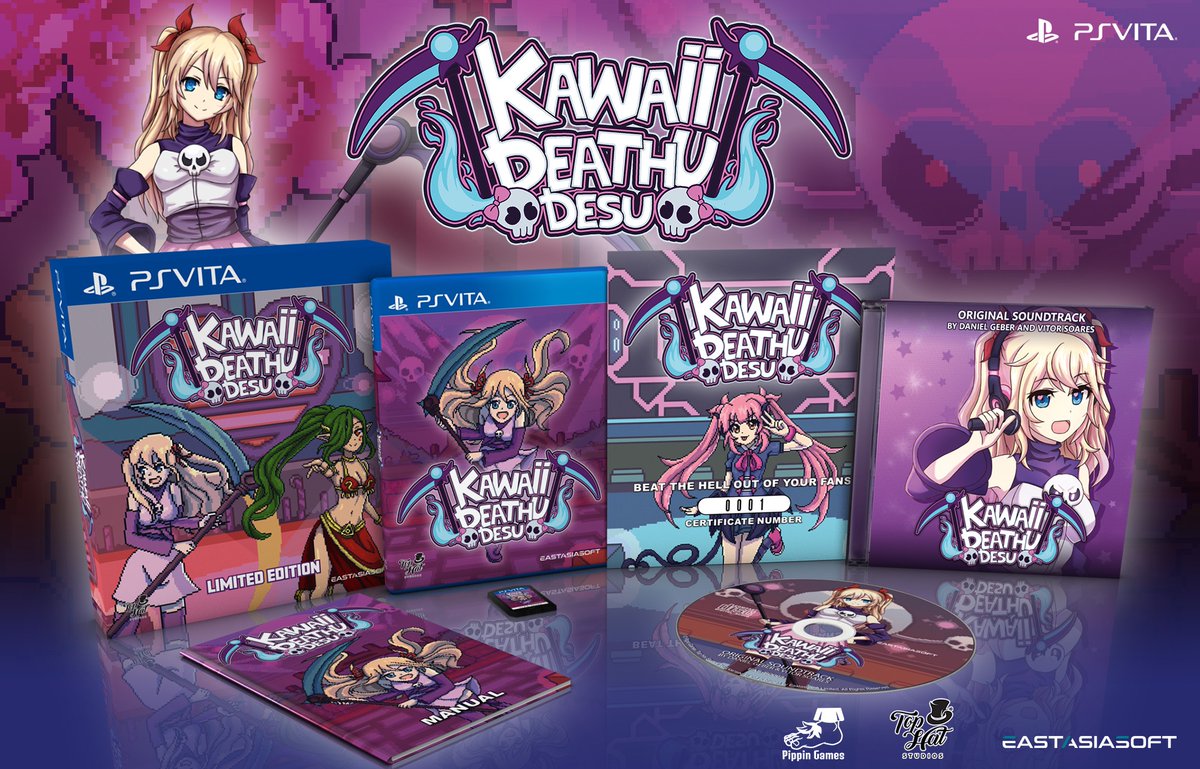 PippinGames's tweet photo. Kawaii Deathu Desu will be receiving a physical Limited Edition on PS Vita!
Preorders open with
@playasia
11am ET on Thursday, October 29th (1500 units)!
#indiedev #mandewithunity #pixelart #IndieWorldOrder #VitaIsLand https://t.co/a7ytMpnc9s