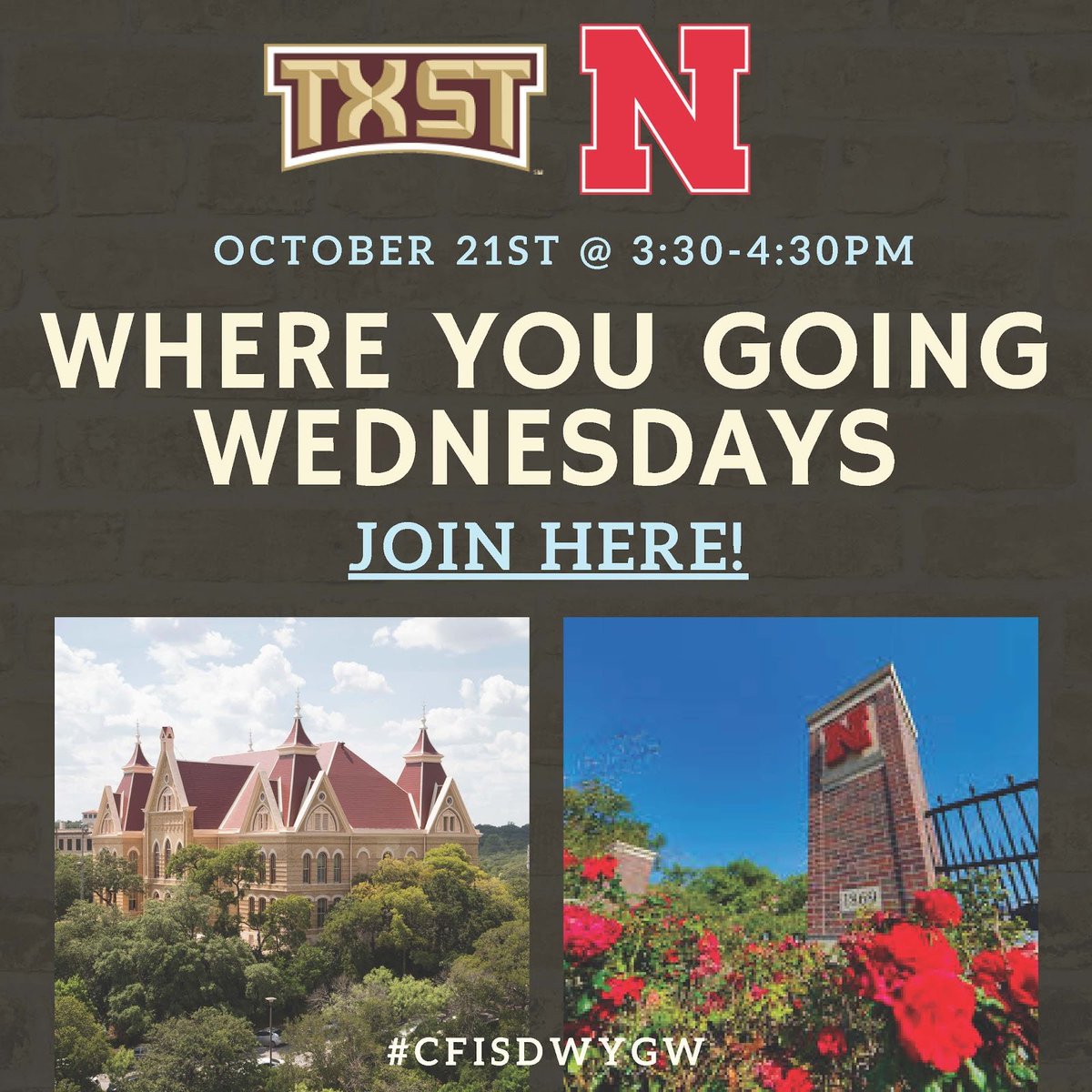BridgelandCCS's tweet photo. Calling ALL @BridgelandCFISD Bears!!! 🐻🎓"Where Ya Goin' Wednesday" continues this week with Texas State, University of Nebraska and Princeton University! #CollegeBound #BridgelandBest

Register at: https://t.co/enhYDMCewf https://t.co/GvZSXDAJrO