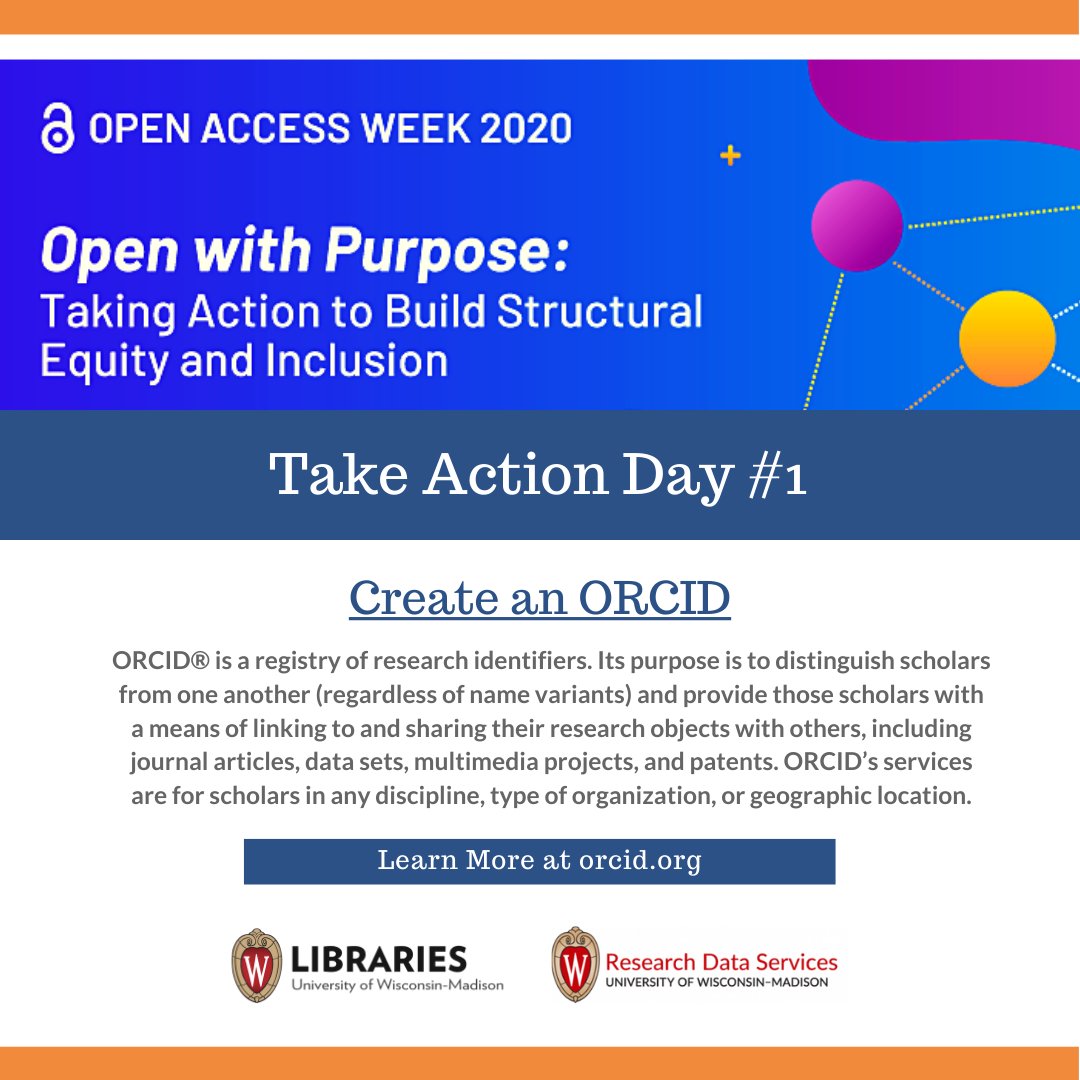 Open Access Week is here and we'd like to share how you can participate on the first day.

Take Action Day #1 Create an ORCID

#OAWeek #OpenAccessWeek