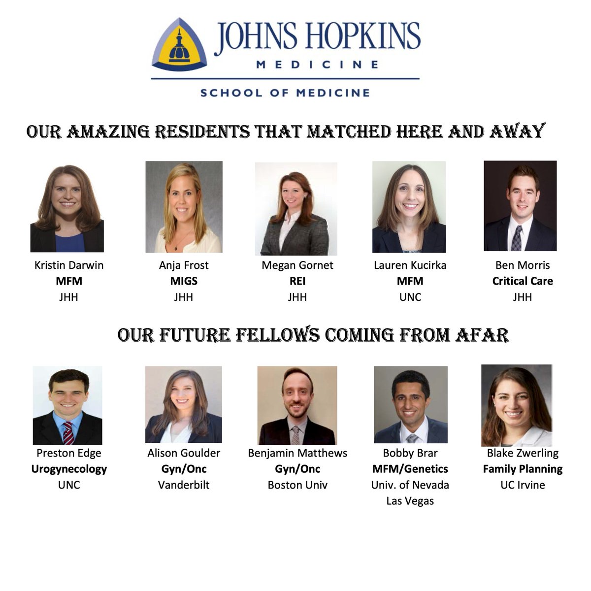 Johns HopkinsGynOB (@hopkinsgynob) on Twitter photo Excited for and proud of the chiefs who matched last week! <a href="/UNCObGynRes/">UNC Ob/Gyn Residency</a> <a href="/vcuobgyn/">VCUOBGYNRESIDENCY</a> <a href="/The_BMC/">Boston Medical Center</a> <a href="/UNLVmedicine/">Kirk Kerkorian School of Medicine at UNLV</a> @UCIrvineSOM Excited for and proud of the chiefs who matched last week! <a href="/UNCObGynRes/">UNC Ob/Gyn Residency</a> <a href="/vcuobgyn/">VCUOBGYNRESIDENCY</a> <a href="/The_BMC/">Boston Medical Center</a> <a href="/UNLVmedicine/">Kirk Kerkorian School of Medicine at UNLV</a> @UCIrvineSOM