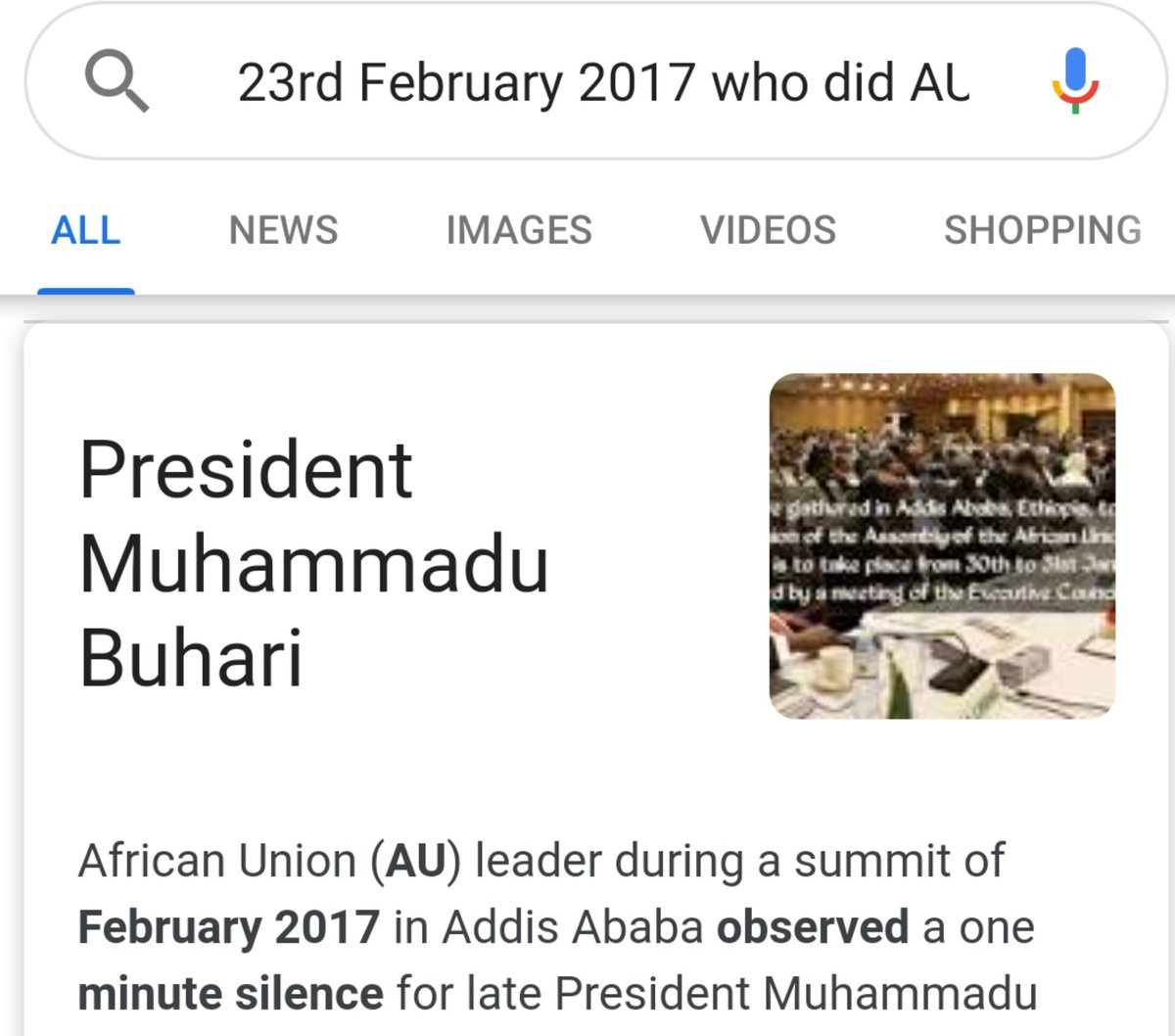 Helper37216548's tweet photo. Now I want to shock Nigerians and prove the world that Nigeria PRESIDENT Buhari is Dead.
Simply go now now and ask Google on 23rd February 2017 who did AU  observe a minute silent for.

Retweet this Very Important so Nigerians can demand to see Buhari.
Game Over.
RETWEET https://t.co/2NqGmf0mi7