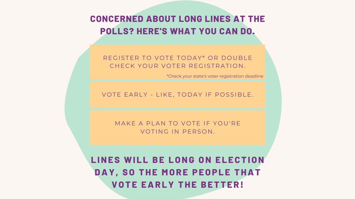 PollProject's tweet image. Though many will vote early, lines on election day might be so long that they disenfranchise people who can't wait hours to vote. Do your part to help keep the lines short on election day!

#EarlyVoting #HelpAmericaVote #Vote2020
