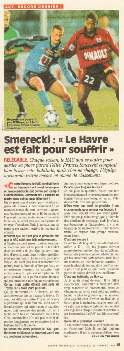 HacFootArchives's tweet image. Dans France Football du 19 octobre 1999.
"Smerecki : Le HAC est fait pour souffrir" 
(et nous supporters... aussi 😂😂)

#HAC #HAVRE @HAC_Foot