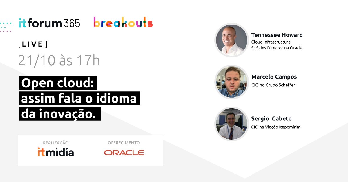 Tennessee Howard, diretor sênior de vendas da Oracle e seus convidados discutirão como a inovação aberta pode ser fundamental para empresas que queiram acelerar a inovação e o uso de nuvem.
Ao vivo quarta feira, 21/10 às 17h. Acesse o link e cadastre-se: https://t.co/nK728ziJyD https://t.co/YKKZgysRyZ