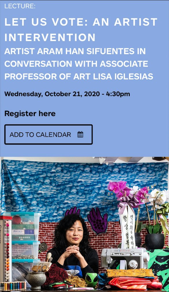 McCullochCenter's tweet photo. Weds, Oct 21, 2020 - 4:30pm
Join us for a live conversation with artist Aram Han Sifuentes to hear how she has been reenvisioning the voting process in her acclaimed and ongoing collective art project "The Official Unofficial Voting Station: Voting for All Who Legally Can’t." https://t.co/S1h7OAb5Ld
