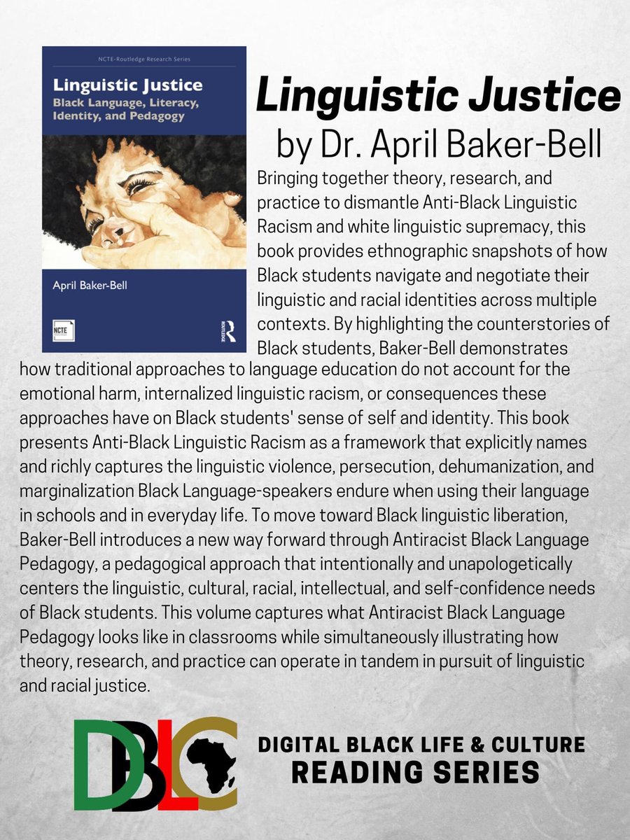 LAST CALL to enter our book giveaway!!!📚 Share and tag THREE Black graduate students for a chance to win a free copy of Linguistic Justice! Check out this image to learn more about this award-winning book! #dblacreadingseries #linguisticjustice
