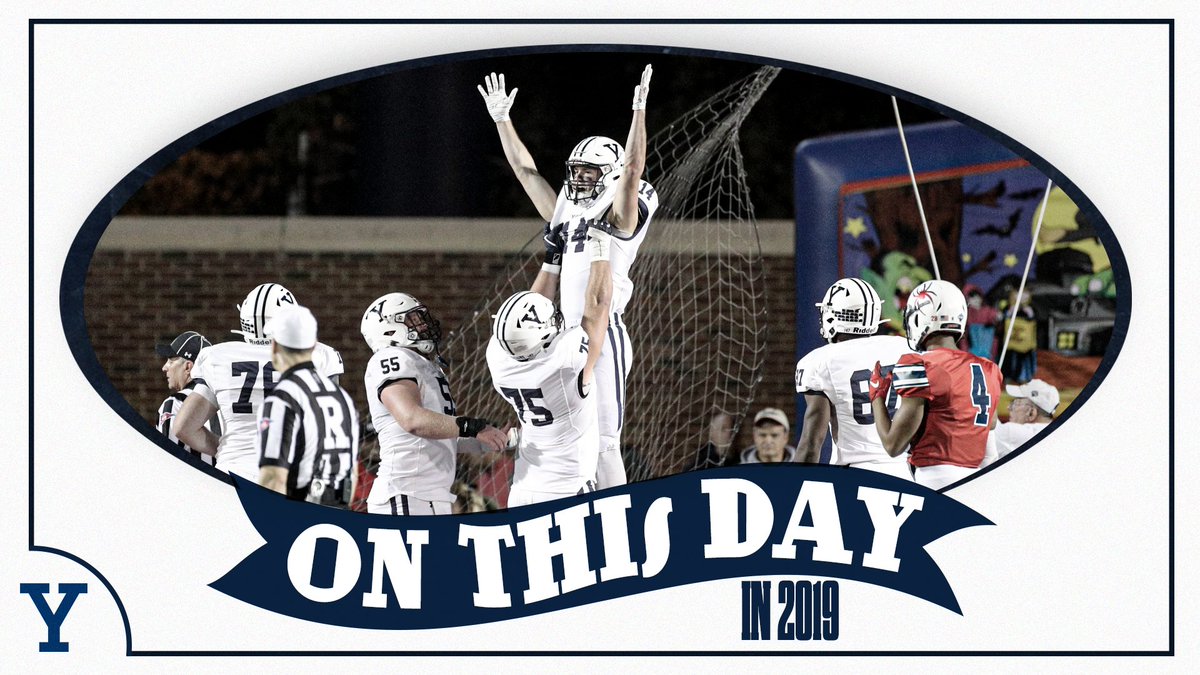 🗓 ON THIS DAY in 2019 | Yale erased a 27-14 deficit in the final 90 seconds at Richmond to complete an improbable comeback victory, 28-27. Kurt Rawlings threw for all 4 TDs. The Bulldogs came up with a key onside kick and scored with just 9 seconds to win. #ThisIsYale | #OTD