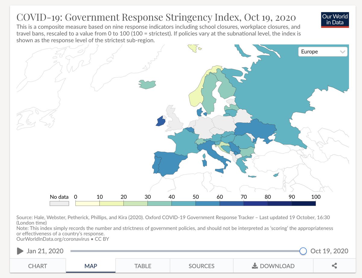 Oxford Uni have a 'Government Response Stringency' index, which tries to visualise the strength of measures in place in countries, but it appears parts haven't been updated for a week. As outlined in this thread, new measures have been implemented since. Gray = No data.