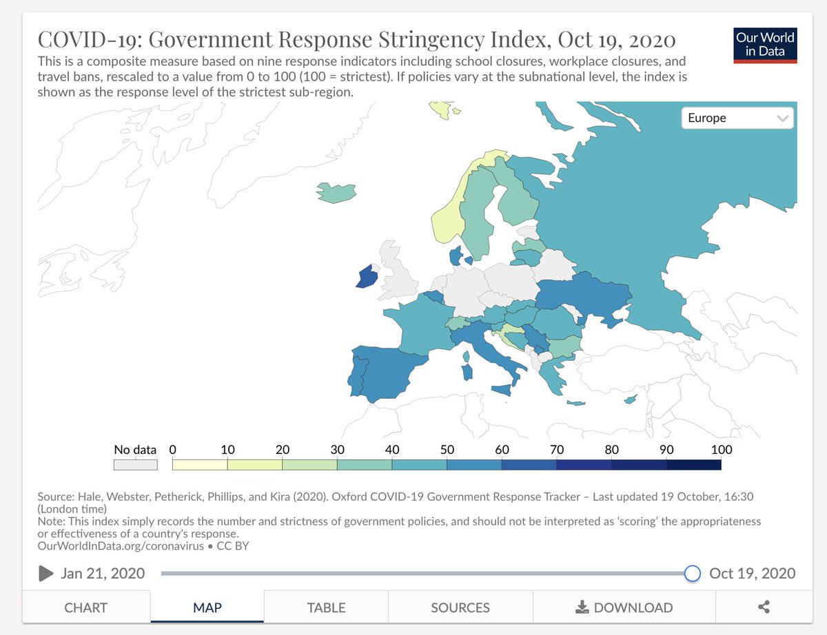 Oxford Uni have a & #39;Government Response Stringency& #39; index, which tries to visualise the strength of measures in place in countries, but it appears parts haven& #39;t been updated for a week. As outlined in this thread, new measures have been implemented since. Gray = No data.
