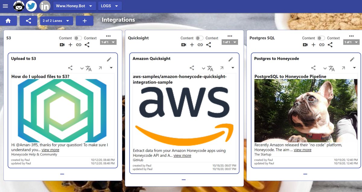 3 Complete #Honeycode #AWS Integrations  
#S3  #AmazonQuicksight #PostgreSQL 

Honey.Bot

<a href="/awscloud/">Amazon Web Services</a> <a href="/artificialchat/">ArtificialChat</a>

honey.bot/board/52c499d1… #artificialchat #bot