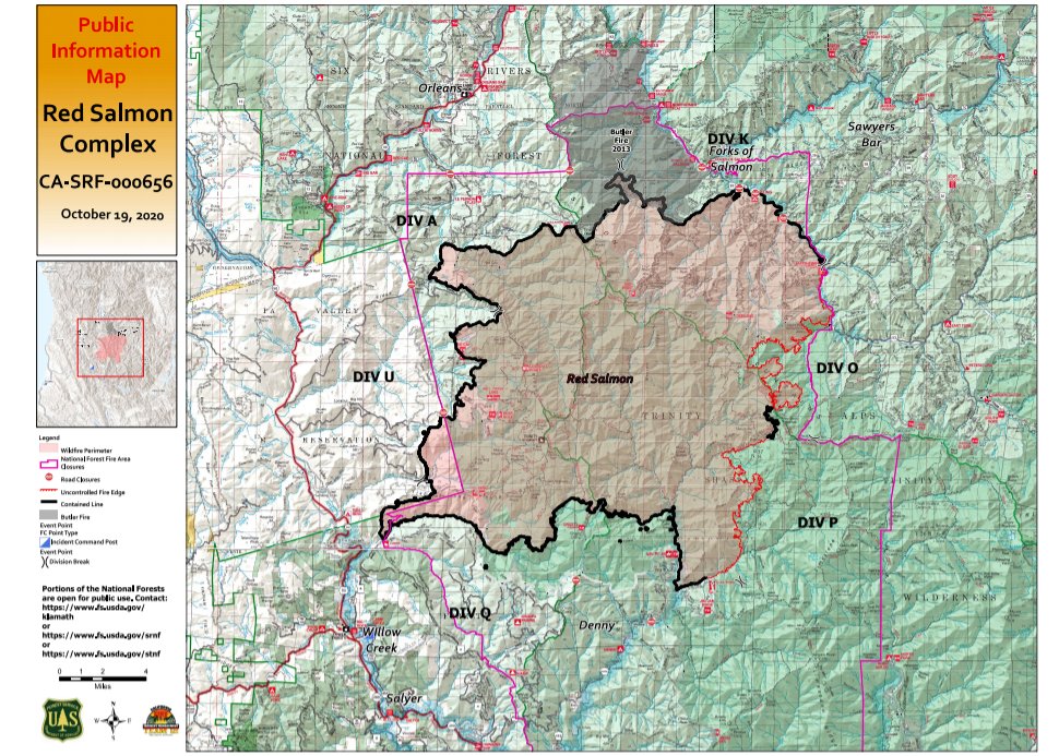 #RedSalmonComplex
AM Update: 10-19-2020
Current Acreage: 143,180  and 65% contained

To obtain a current update, map, and smoke report please go to:
inciweb.nwcg.gov/incident/6891/

<a href="/ShastaTrinityNF/">Shasta-Trinity NF</a> <a href="/Klamath_NF/">Klamath NF</a>  <a href="/SixRiversNF/">Six Rivers NF</a> <a href="/HoopaTribe/">Hoopa Tribe</a> <a href="/yuroktribe/">Yurok Tribe</a> <a href="/KarukTribe/">karuktribe</a>