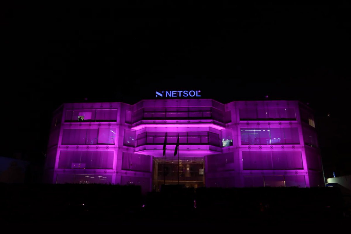NETSOLTech's tweet photo. As an ode to the women who are fighting to survive and to show solidarity with those who have lost their lives to breast cancer, the NETSOL building lights up PINK.

#beadaptive #NETSOLcares #BreastCancerAwarenessMonth https://t.co/NyfrYRmhzq