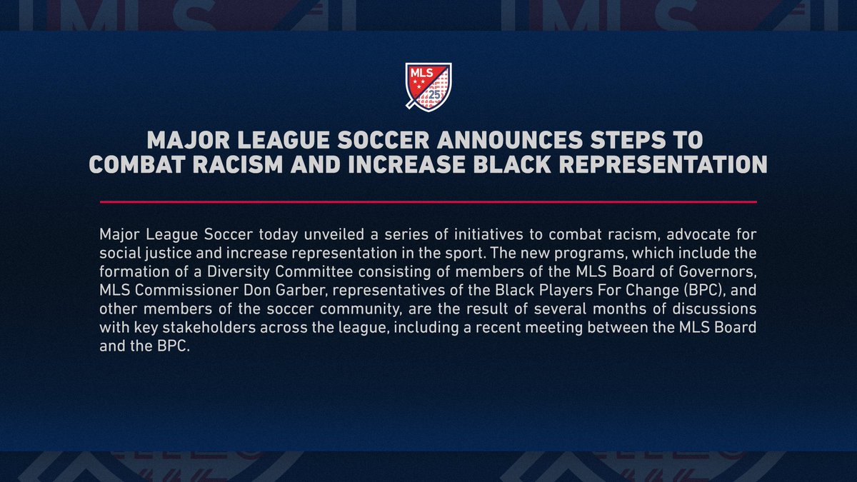 Major League Soccer (@MLS) on Twitter photo 2020-10-19 19:41:53 Major League Soccer Announces Steps to Combat Racism and Increase Black Representation 📝: soc.cr/5PPV30rfLi4 Major League Soccer Announces Steps to Combat Racism and Increase Black Representation 📝: soc.cr/5PPV30rfLi4