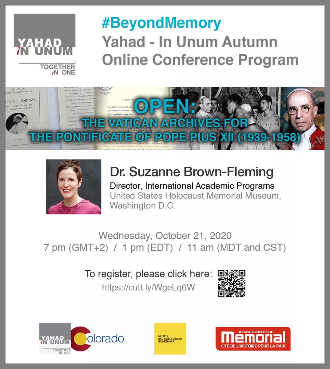 Michal_Chojak's tweet image. Next installment of our online conference program #BeyondMemory on Wednesday 21st October at 7pm (GMT+2). Dr. Suzanne Brown-Fleming of USHMM will be presenting the recently opened Vatican archives for the Pontificate of Pope Pius XII (1939-1958).
Register cutt.ly/WgeLq6W