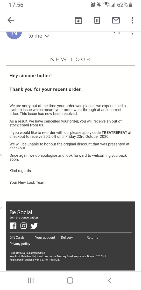 simonebx10x's tweet photo. Would love to know why i received this email off @newlook so place another order only for 2 lots of money be taken out of my bank then they send me 2 orders 🙈 https://t.co/psMxm4Ikpq