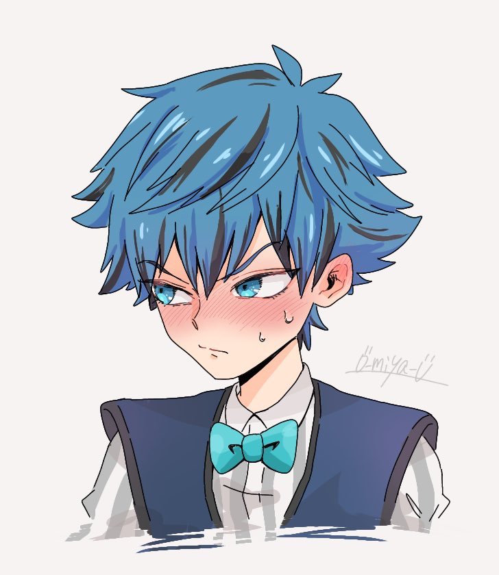 1boy blue hair male focus blue eyes blush solo bow  illustration images