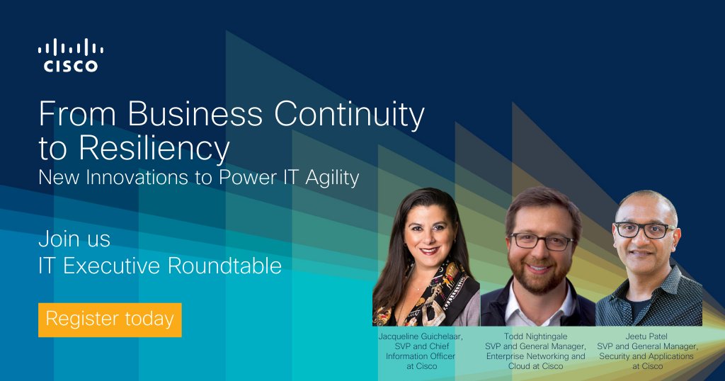 Enable your IT teams to reimagine your organization's future of work. Join Cisco leaders, Jacqueline Guichelaar (<a href="/JacquiGF12/">Jacqueline Guichelaar</a>), Todd Nightingale (<a href="/tnight/">Todd Nightingale</a>), and Jeetu Patel (<a href="/jpatel41/">Jeetu Patel</a>). Register today! #CIO #ITResiliency cs.co/6018GfZ8n