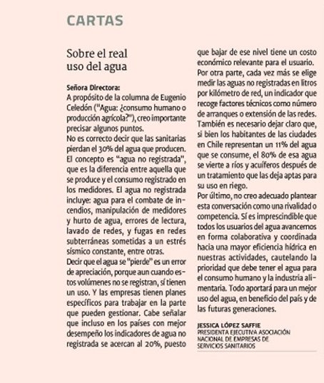 mi carta, publicada hoy en <a href="/DFinanciero/">Diario Financiero</a> sobre el concepto de agua no registrada, y explicación correcta. Las dificultades que tendremos en materia hídrica la enfrentaremos solo con colaboración entre usuarios, y no rivalidad.