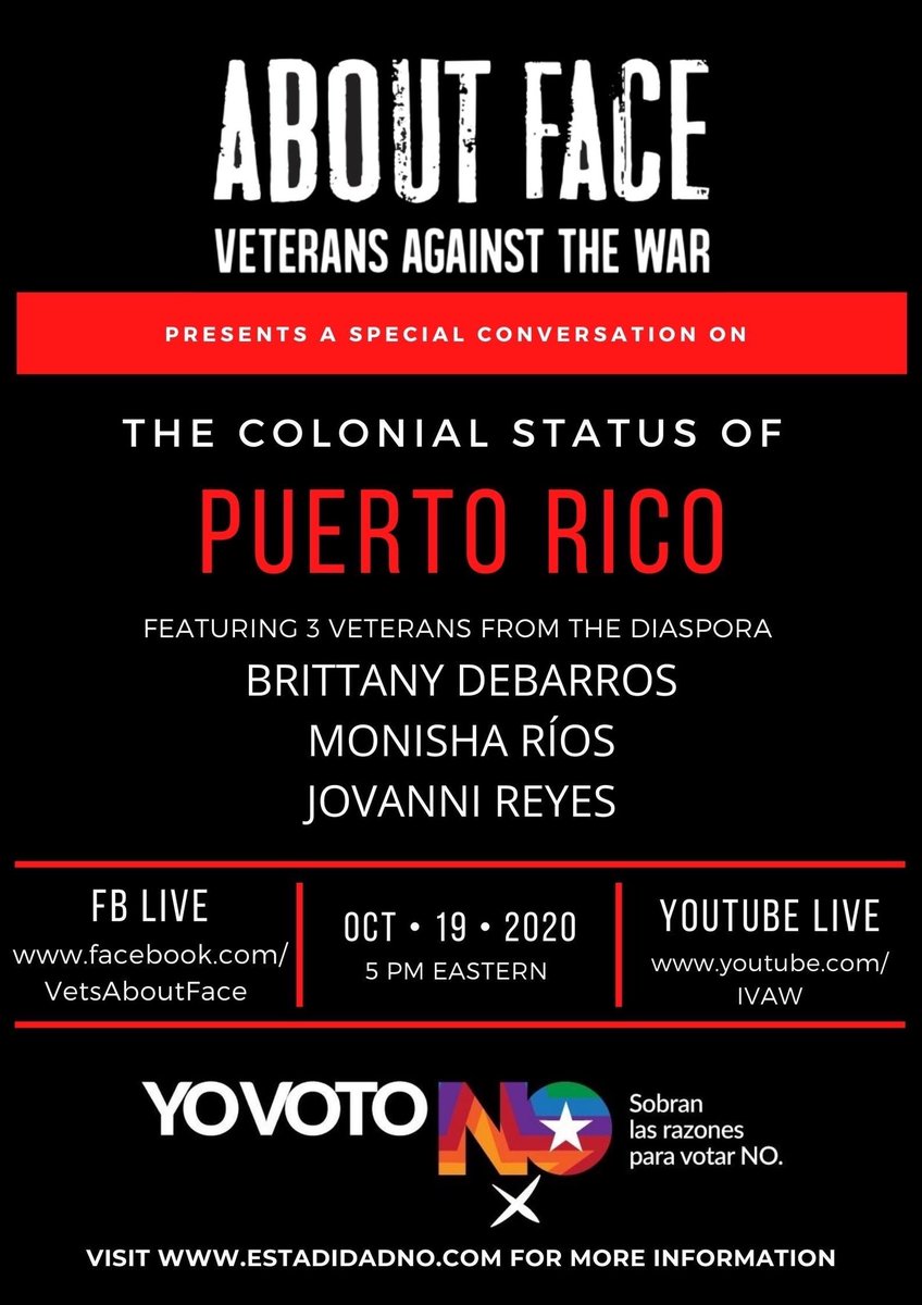 VetsAboutFace's tweet photo. Join us today on our facebook page or on our utube channel at 2pm PT / 5pm ET for a conversation b/w 3 veterans from the diaspora on the colonial status of #PuertoRico. https://t.co/d6jMZHbfwR