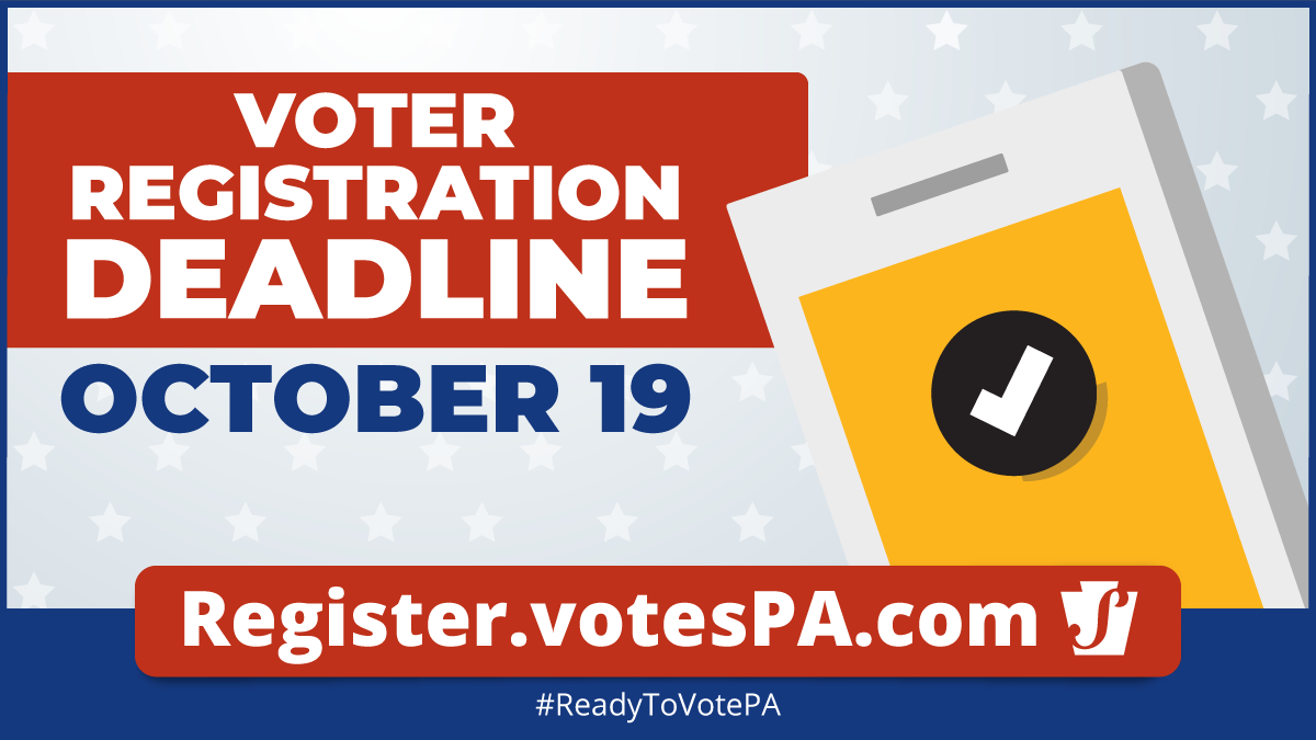 PAStateDept's tweet photo. Do you want to vote on November 3? TODAY is the last day to register to vote. PA voters applying online have until 11:59 pm: https://t.co/ukPZExSsqm #votesPA #ReadyToVotePA #TrustedInfo2020 https://t.co/ua4op6po0e