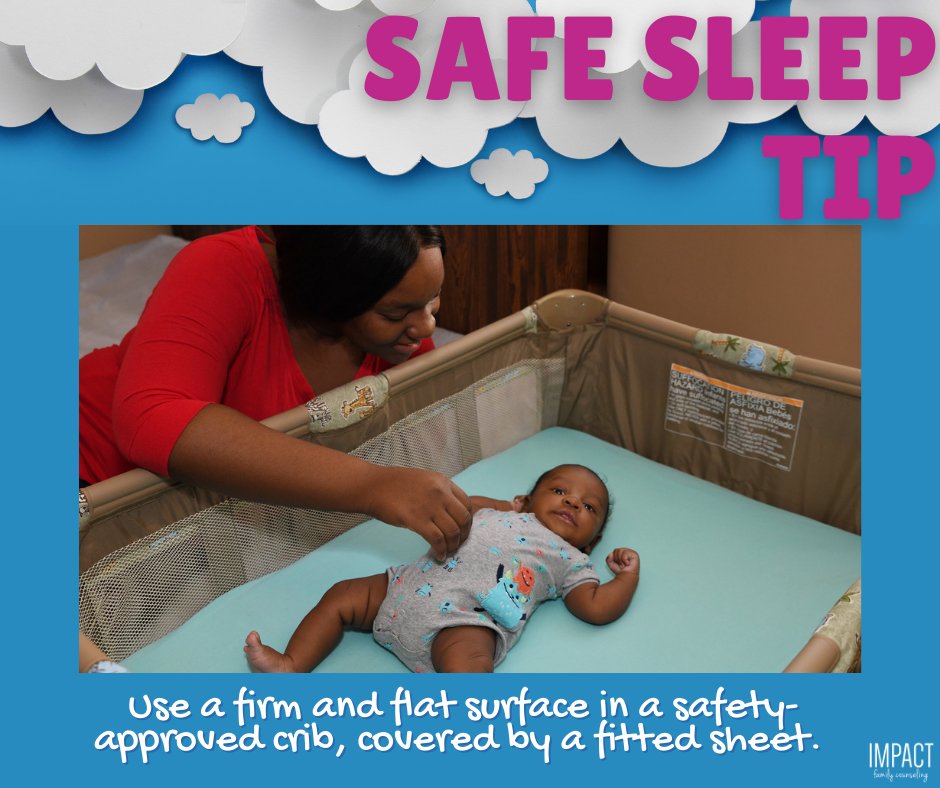 Safe Sleep Tip #2: Babies should sleep on a firm and flat mattress in a crib, bassinet, or play yard, free of loose and soft items such as toys, crib bumpers, and blankets. For more info visit: bit.ly/2AO7I9J