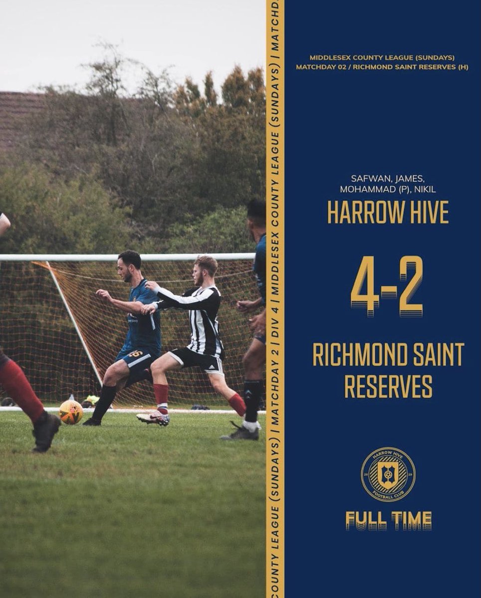 Fantastic work from Aaron to create the chance - Safwan slots it home 1-0 to the Hive! James header doubles the lead. Goals from Mohammad and Nikil ensured we came out of the game with all 3 points! 

Come on Harrow Hive!!! 💙💛

#UpTheHive ⚽