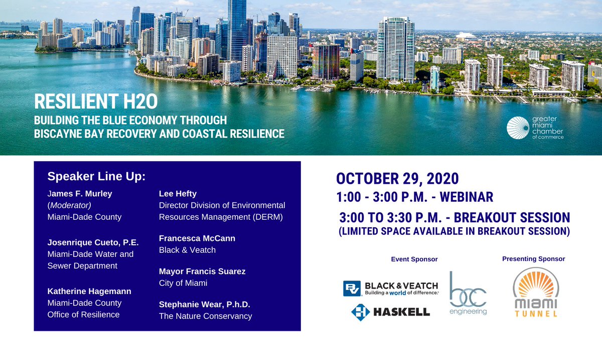 This year's <a href="/MiamiChamber/">Miami Chamber</a> Resilient H2O will focus on building the #blueeconomy through #BiscayneBay recovery and coastal #resilience in a post #COVID19 #economy. We will be joined by speakers from local governments &amp; industry companies. Register here: buff.ly/3dvvx8y