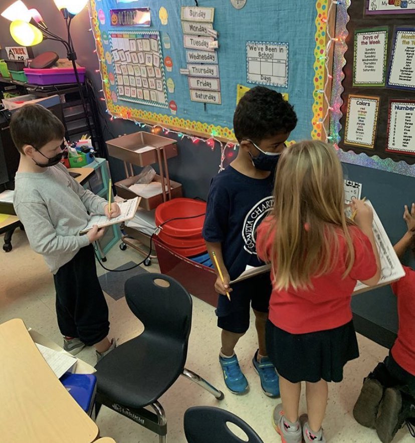 Mrs. Keonig found a fun way to practice math problems for her 1st grade class. Here are her math detectives on the hunt to solve math problems around the room. #creativemathematics #ccasstrong