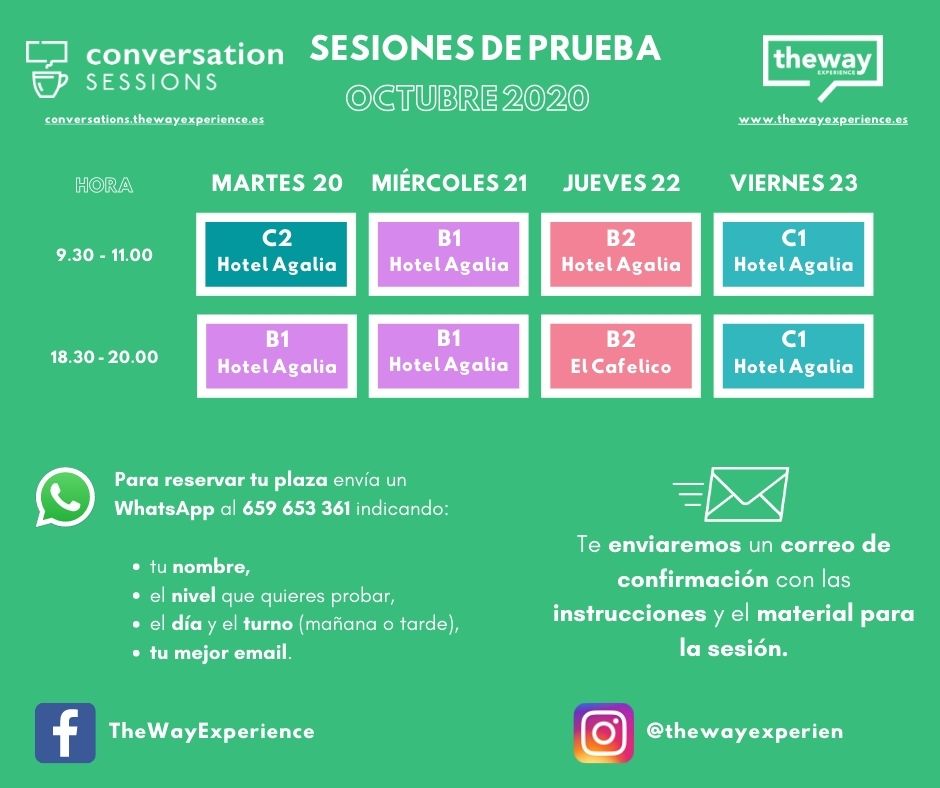 thewayexperien's tweet photo. Empezamos la semana con nuevas sesiones de prueba gratuitas.

Mira el calendario de abajo, elige el horario que más te convenga (mañana o tarde) y reserva tu plaza a través de WhatsApp.

¡Te esperamos!

#thewayconversationsessions #gruposdeconversacion @HotelAgalia https://t.co/177cX3fDkF