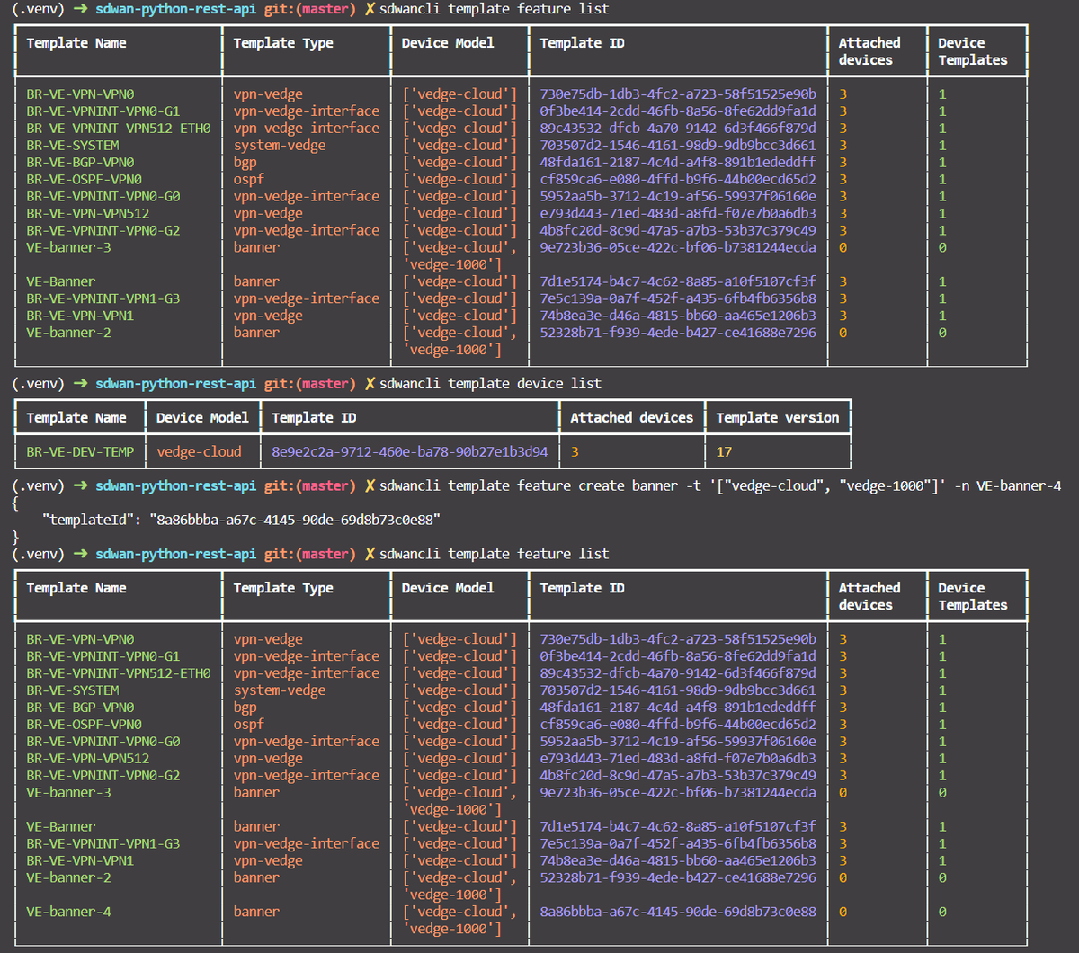 kimdoanh89's tweet photo. I am playing around with #sdwancli that connects to Cisco vManage REST APIs to manage Device and Feature Templates. Now it can support create, delete, list, show some of the device and feature templates. π
#DevNet #SDWAN https://t.co/8CoEtGTCJe