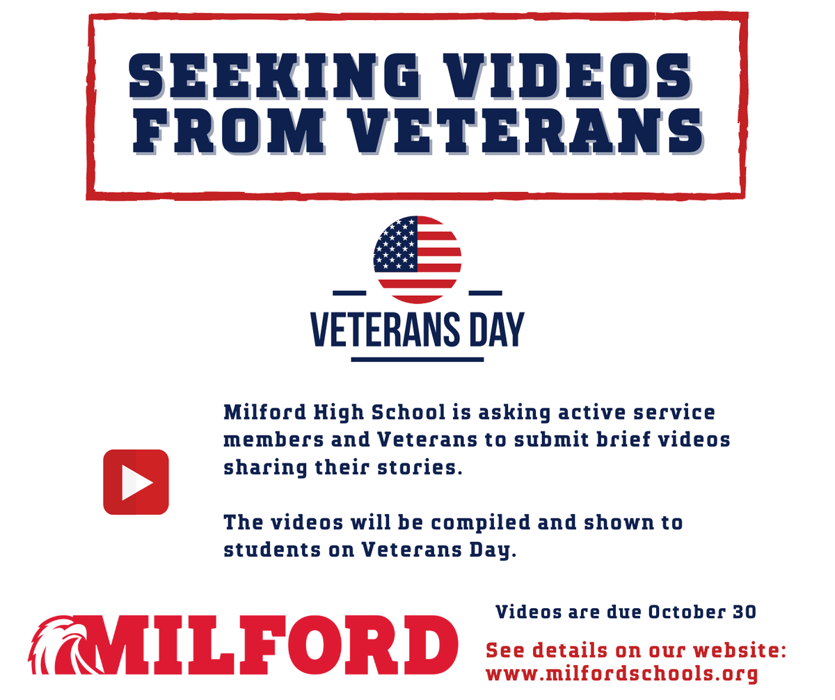 Milford_Schools's tweet photo. Veterans and active duty military personnel: we'd love to share your service stories with our students! Please consider sharing a video with us so we can show it on Veteran's Day. Details: https://t.co/Qyrv2kJw8g https://t.co/ZOONGsXhVm
