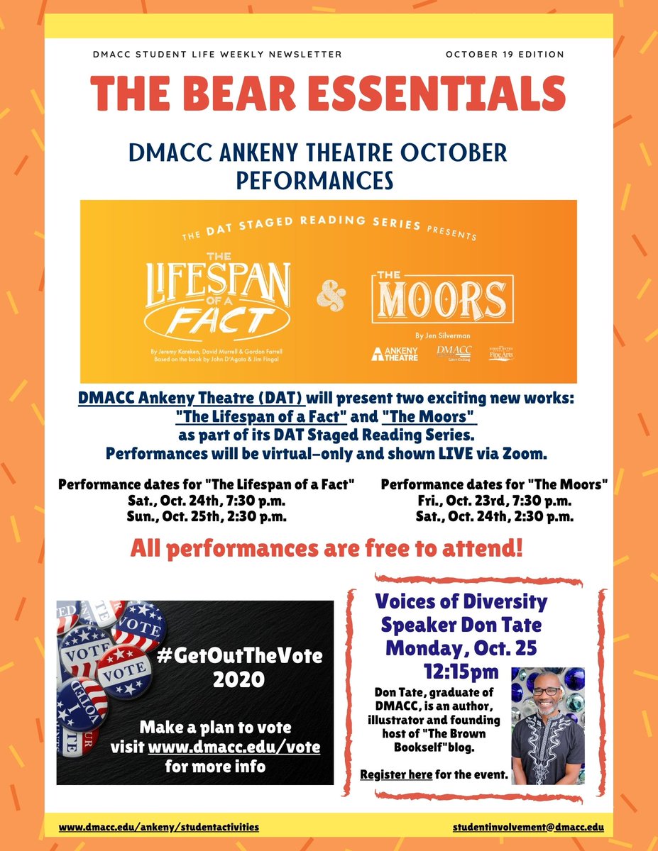 DMACCSACAnkeny's tweet photo. This week Bear Essentials includes events such as a leadership workshop, LGBTQ speaker and more! Plus announcements from @DmaccTheatre and @DMACC_CampusRec ! Check out the full version at https://t.co/vzyCzSVxYX
#getinvolved #DMACCStudentLife https://t.co/joipTwaOG5