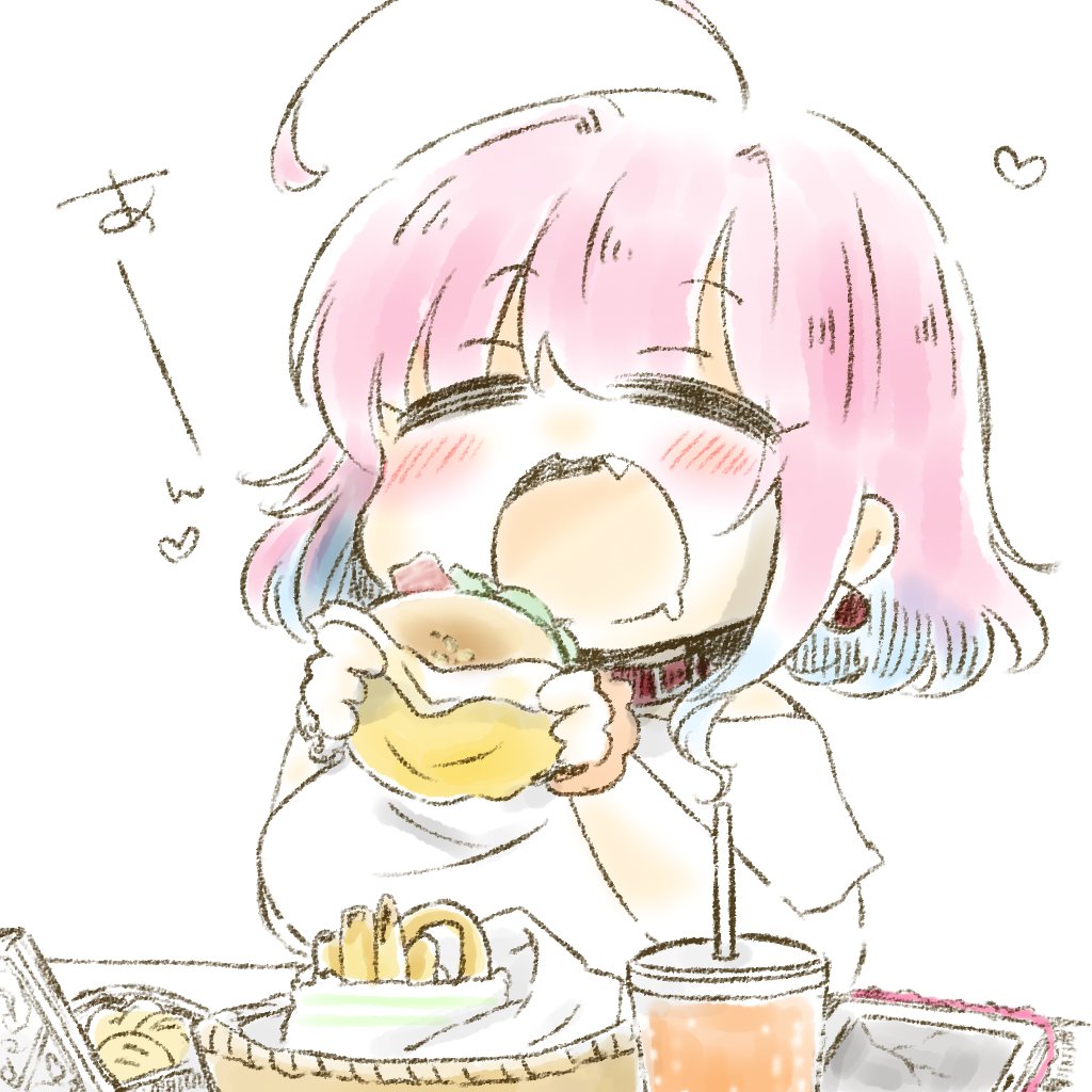 yumemi riamu 1girl burger pink hair fang solo food ahoge  illustration images