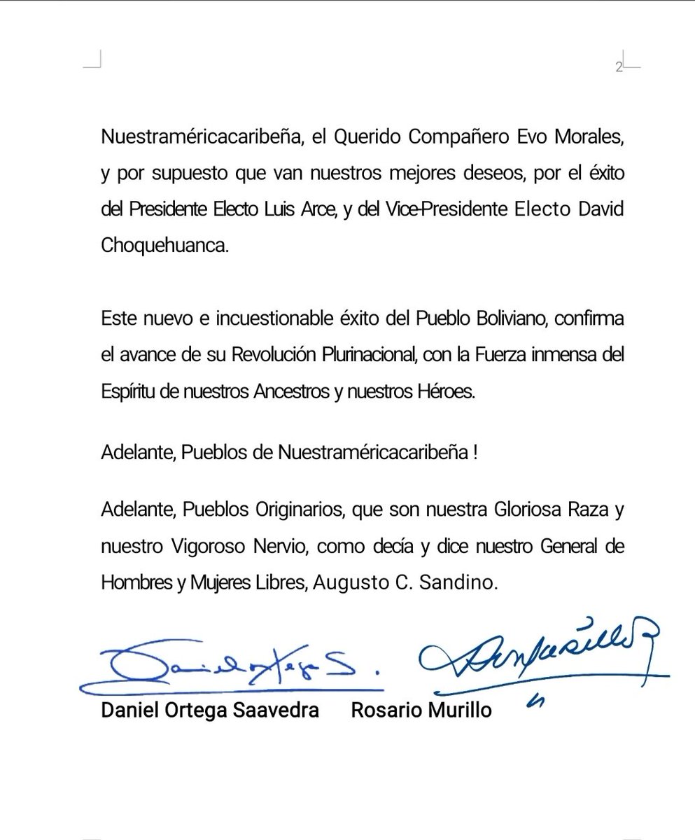 #19Octubre || Mensaje del Presidente Comandante Daniel Ortega #Nicaragua 🇳🇮, para el Pueblo Boliviano tras su incuestionable éxito el cual confirma su avance a la revolución. 

#BoliviaDecide2020
#BoliviaRecuperaSuDemocracia
#BoliviaMereceMAS