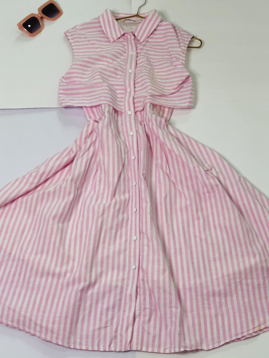 Pink mad white stipe button down flare dress Size 8#2500
